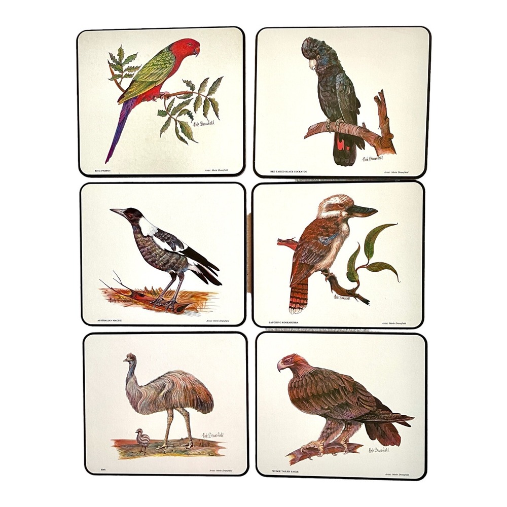 6 MALSON Bird Placemats Cork Backing Merle Dransfield Australian Birding Box Set